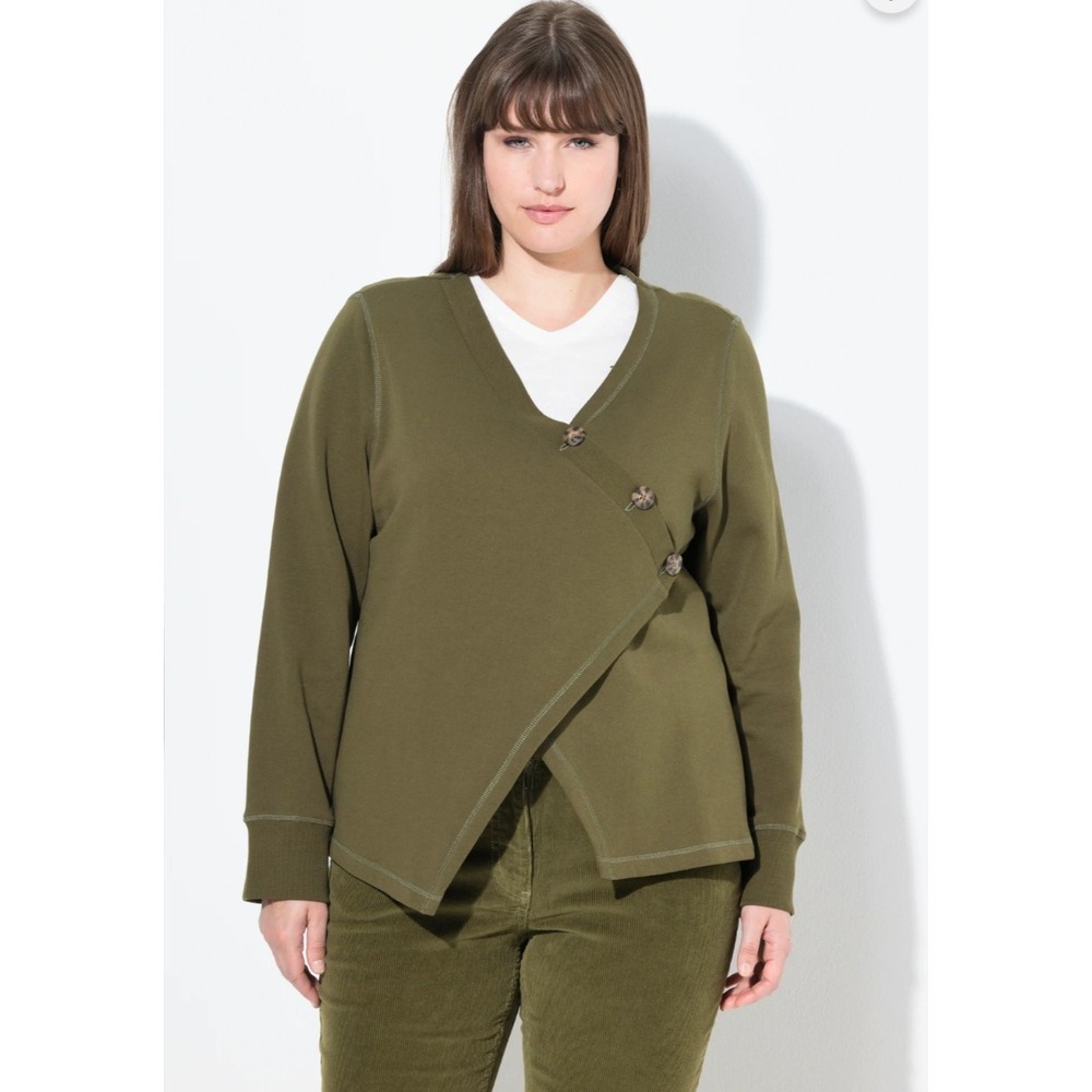 Pure by Ulla Popken Eco Cotton Asymmetric Wrap Look Sweatshirt Olive Green 24/26